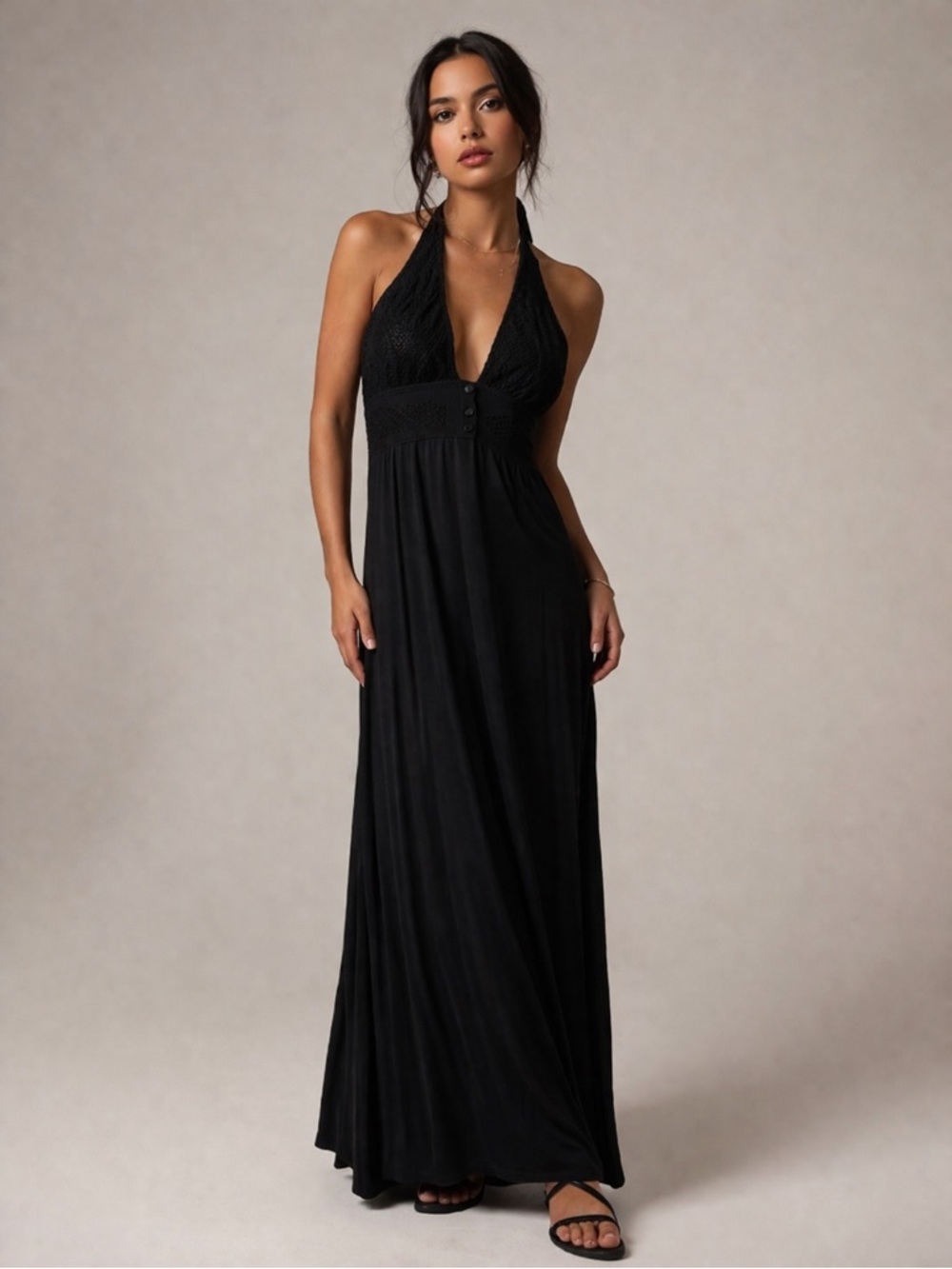 Vintage Black Halter Maxi Dress | Boho Chic Flowy Dress | Size Small